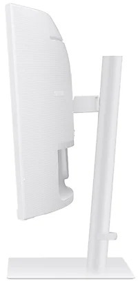 White computer monitor, side view, with a white stand, against a white background.