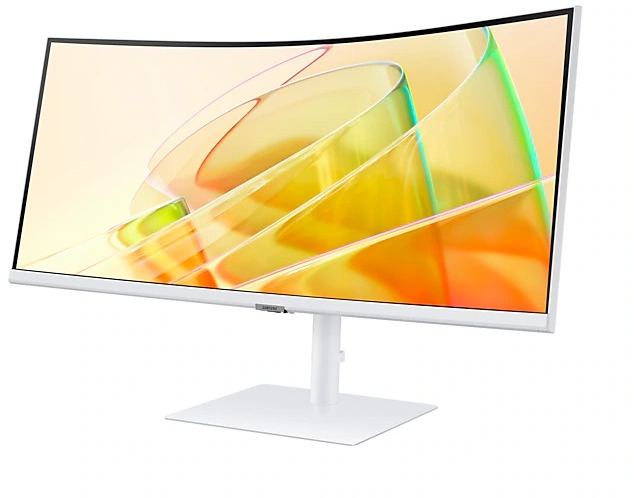 White curved monitor on white stand. Shows a colorful, abstract background.