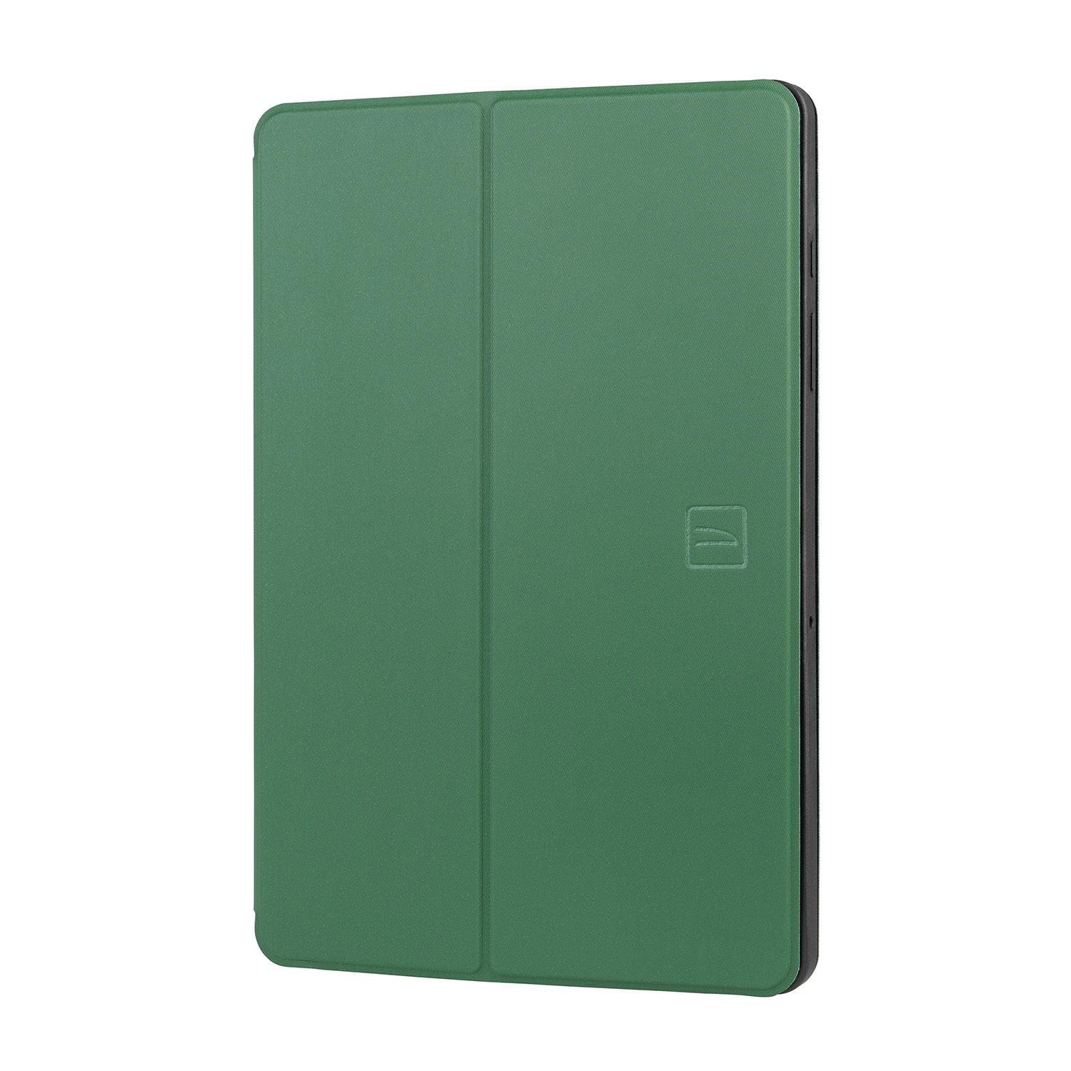 Custodia verde per tablet, chiusa, con logo, su sfondo bianco.
