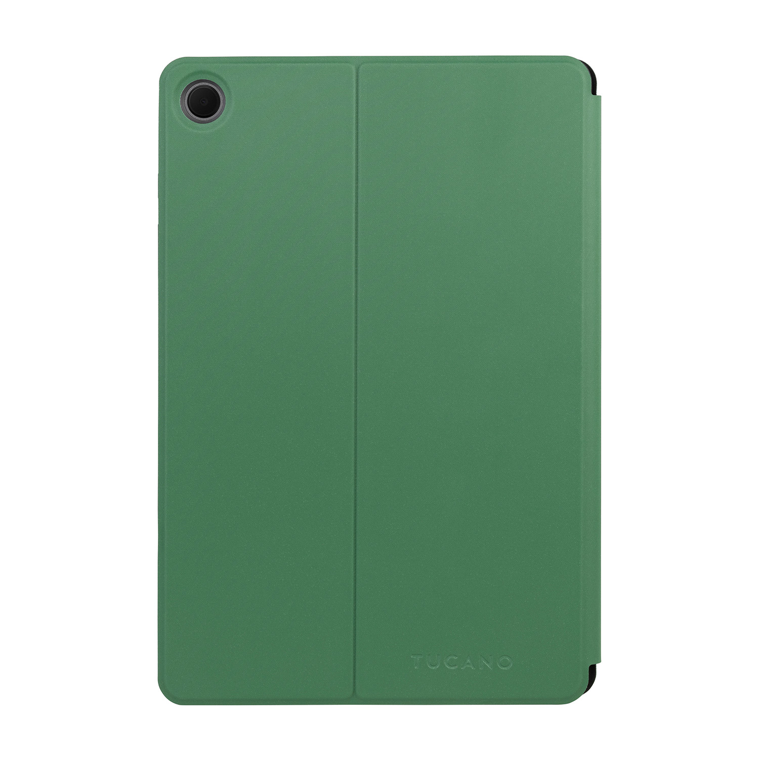 Una custodia per tablet verde aperta con il tablet all'interno, sfondo bianco, vista dall'alto.
