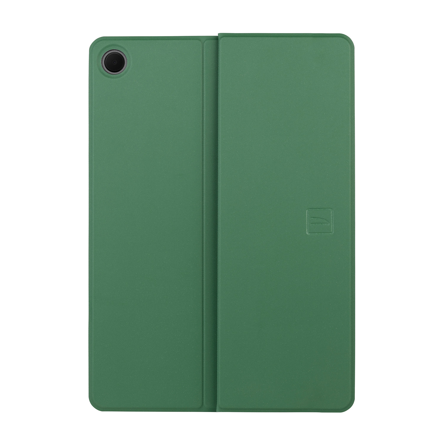 Custodia per tablet verde, chiusa, con il logo del marchio.