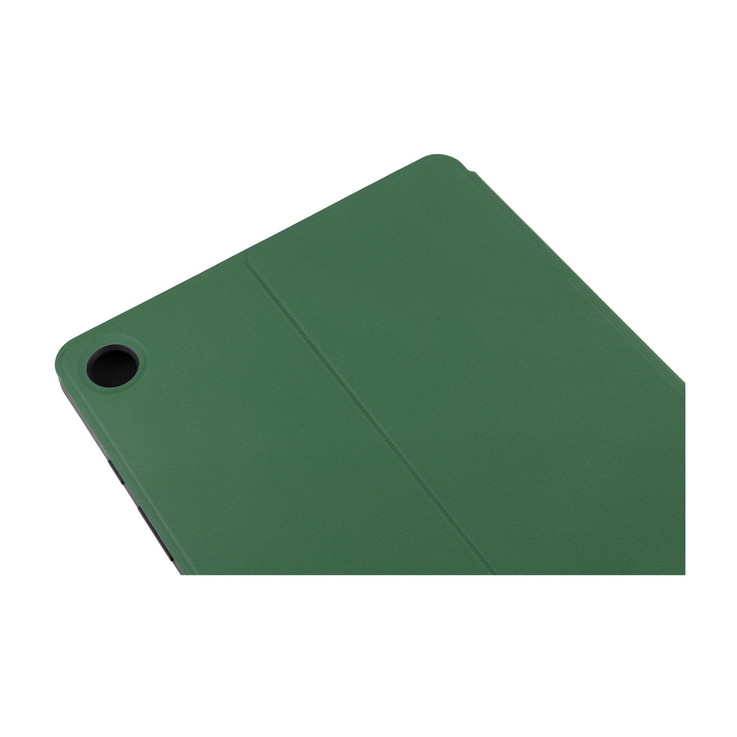 Custodia per tablet verde, vista dall'alto. Mostra un angolo con foro per la fotocamera e cucitura centrale.