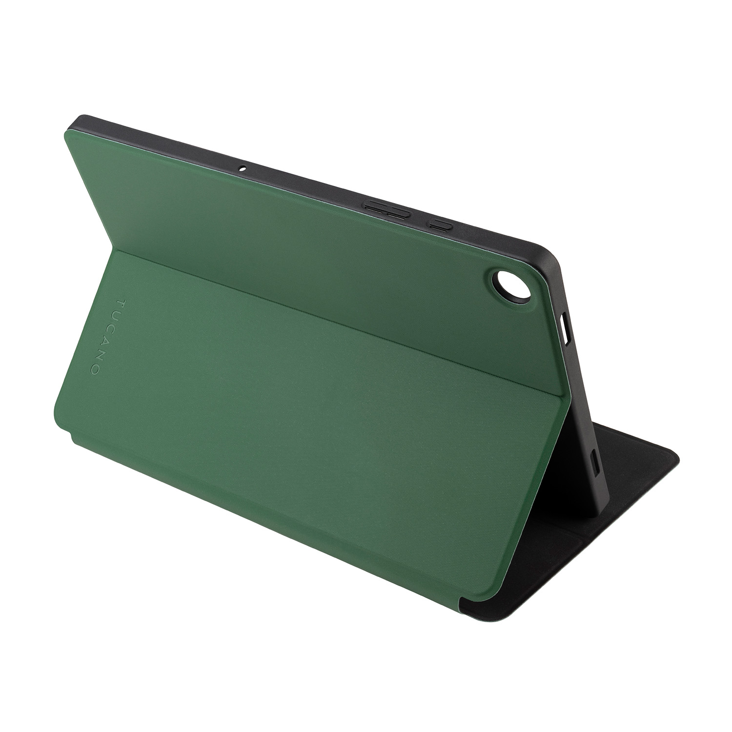 Una cover per tablet verde, aperta per rivelare il tablet, con il marchio 'TUCANO' visibile.