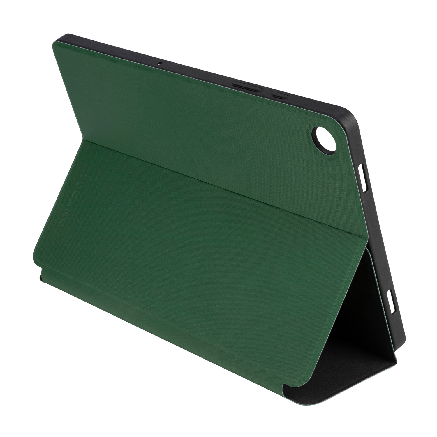 Custodia per tablet verde con bordi neri, aperta ad angolo. Il tablet è visibile all'interno della custodia.