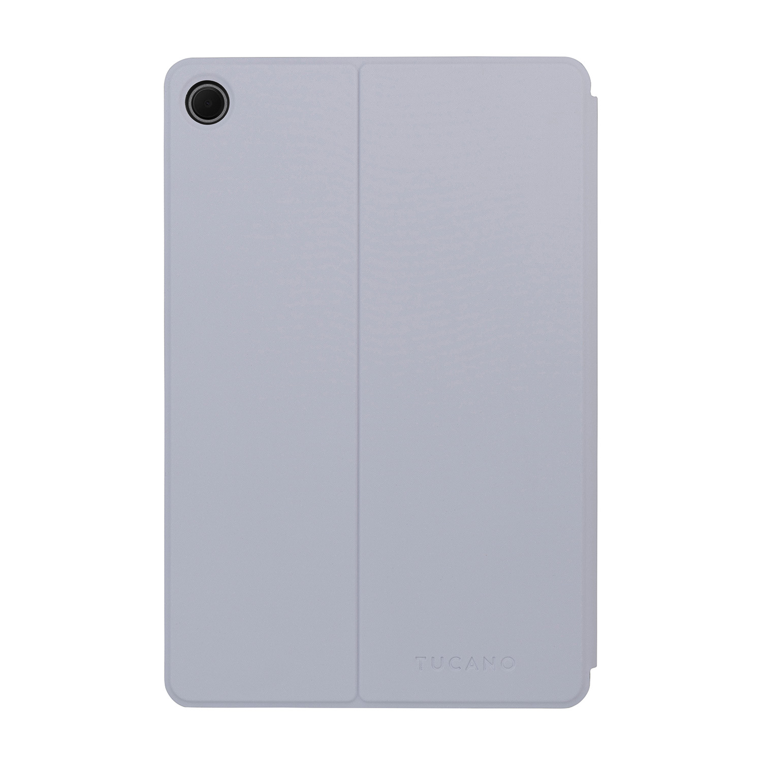 Una custodia per tablet grigia chiusa, sfondo bianco.