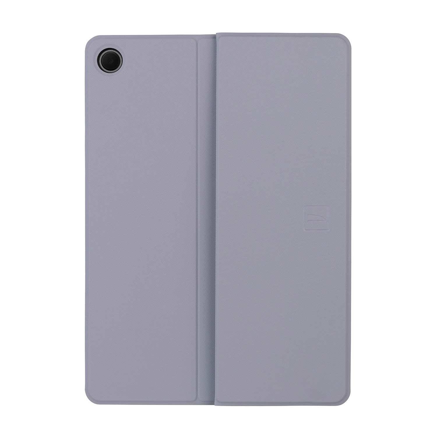 Una custodia per tablet grigio chiaro, aperta, che mostra lo schermo del tablet e l'interno della custodia.