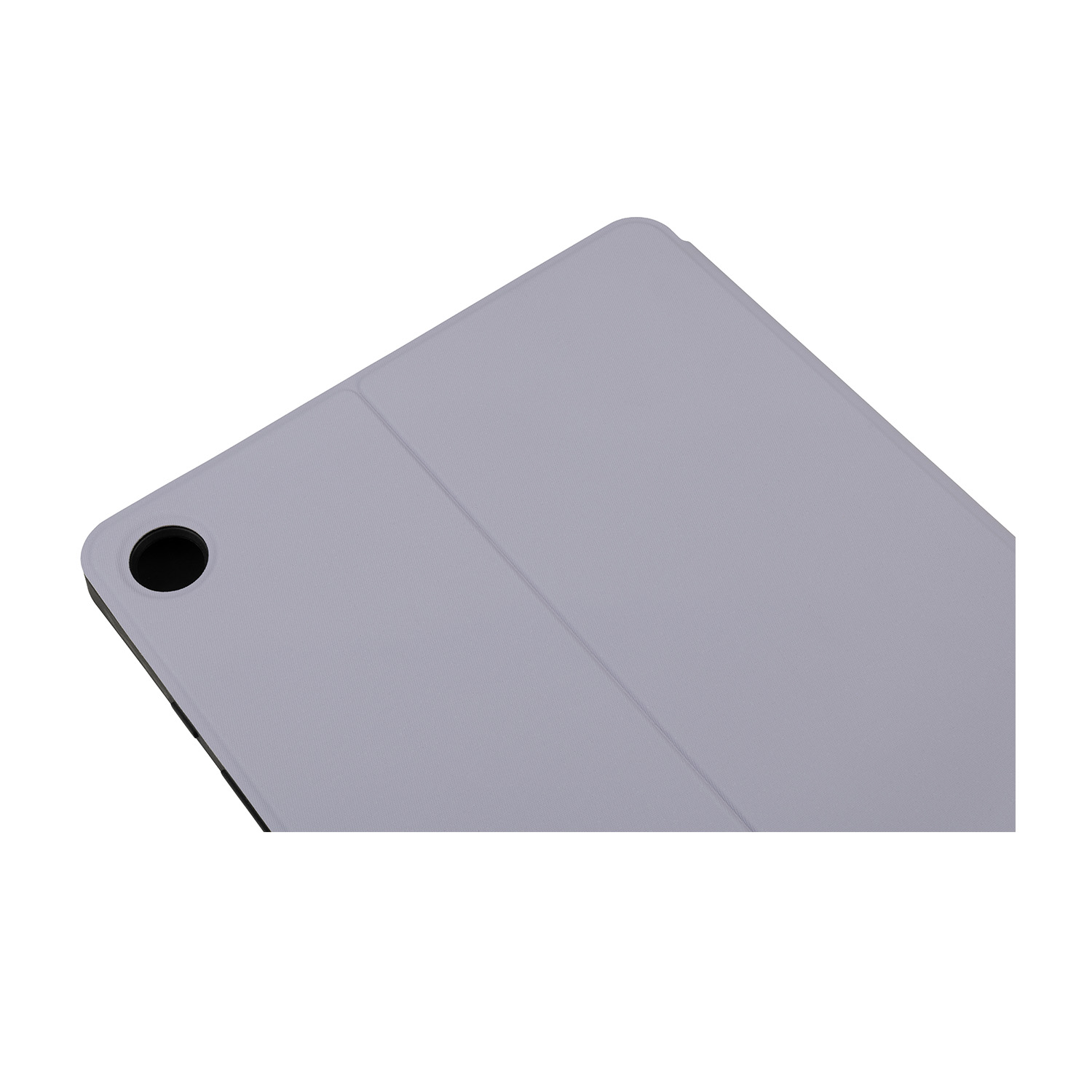Custodia per tablet grigio chiaro con un foro rotondo per la fotocamera.