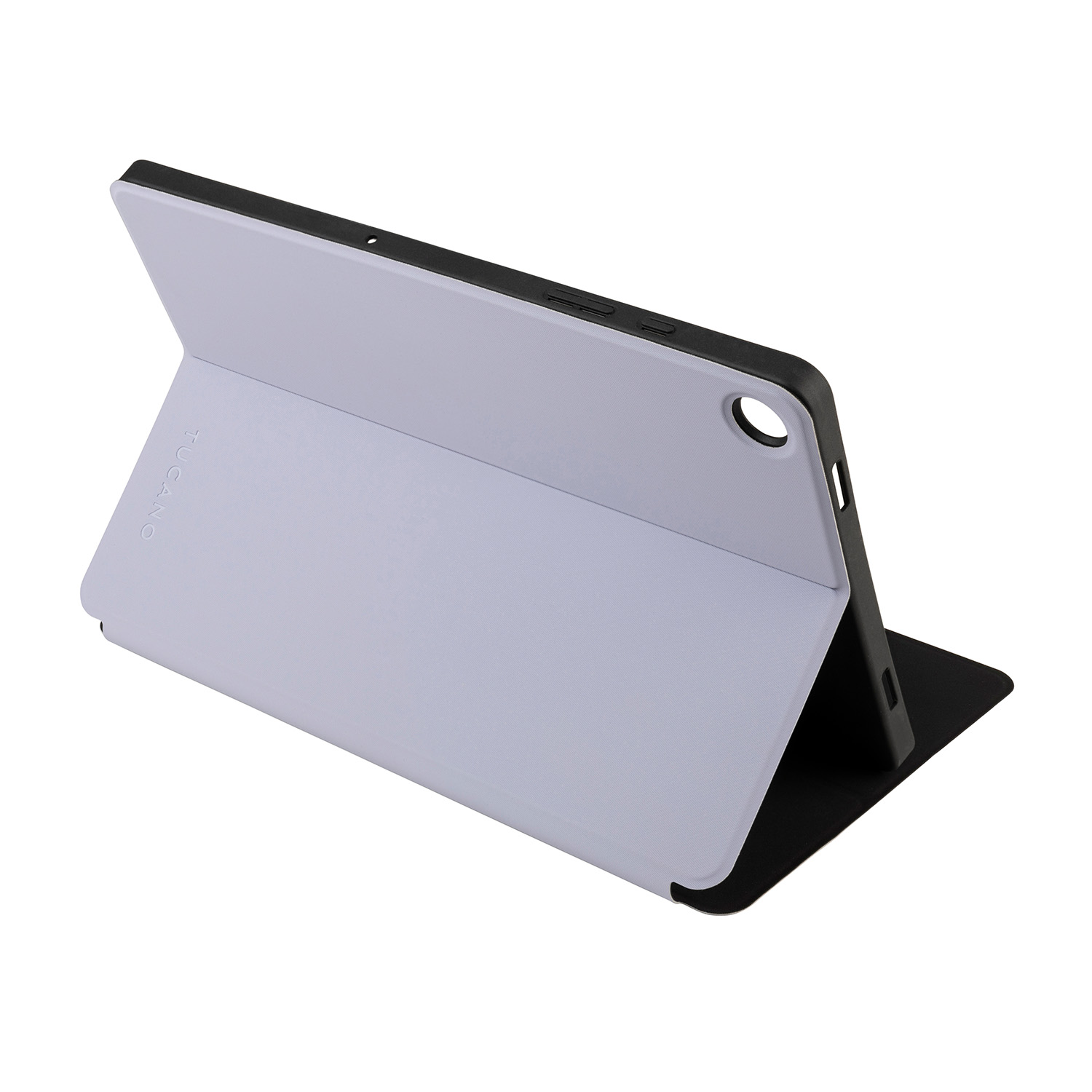 Custodia per tablet Tucano grigia e nera, aperta e angolata.