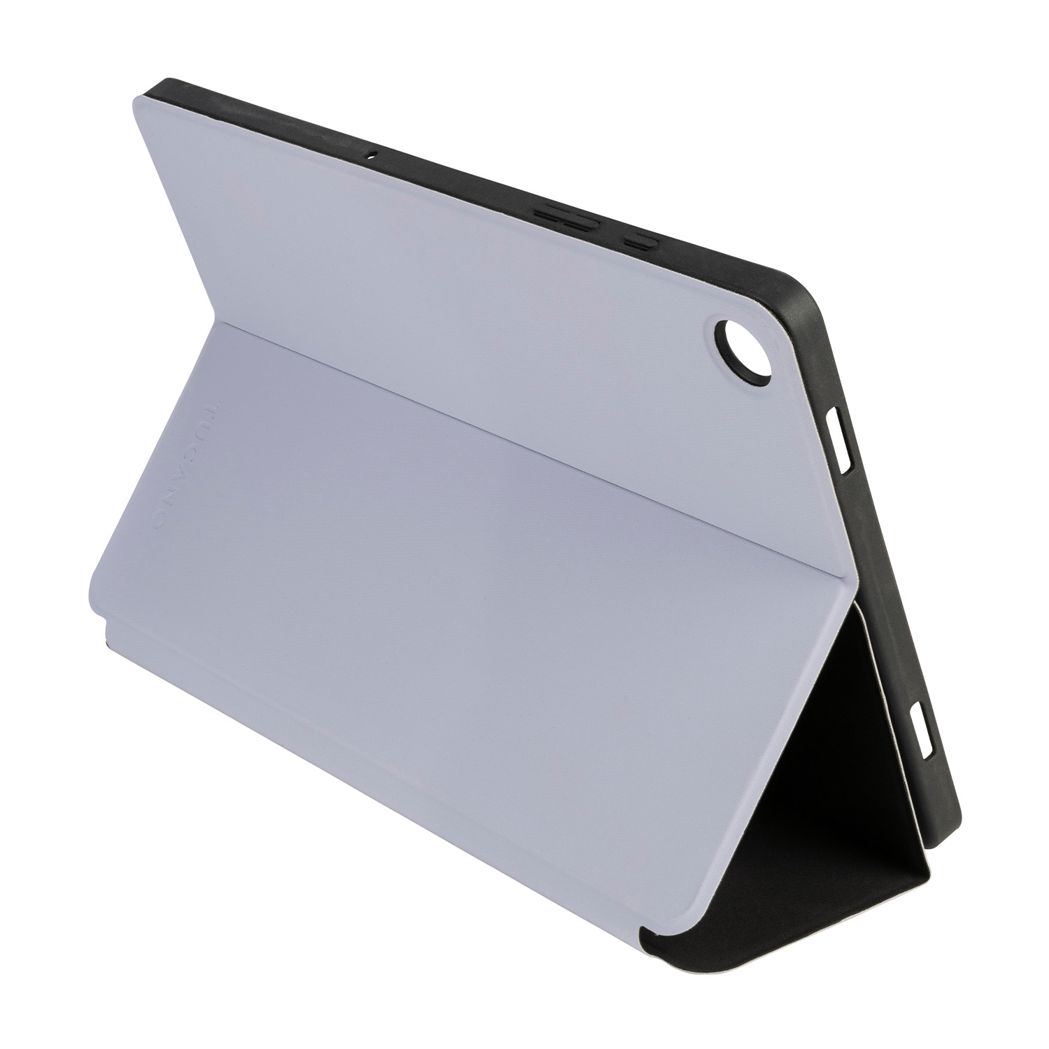 Tablet in una custodia grigio chiaro, bordi neri, aperto e angolato.