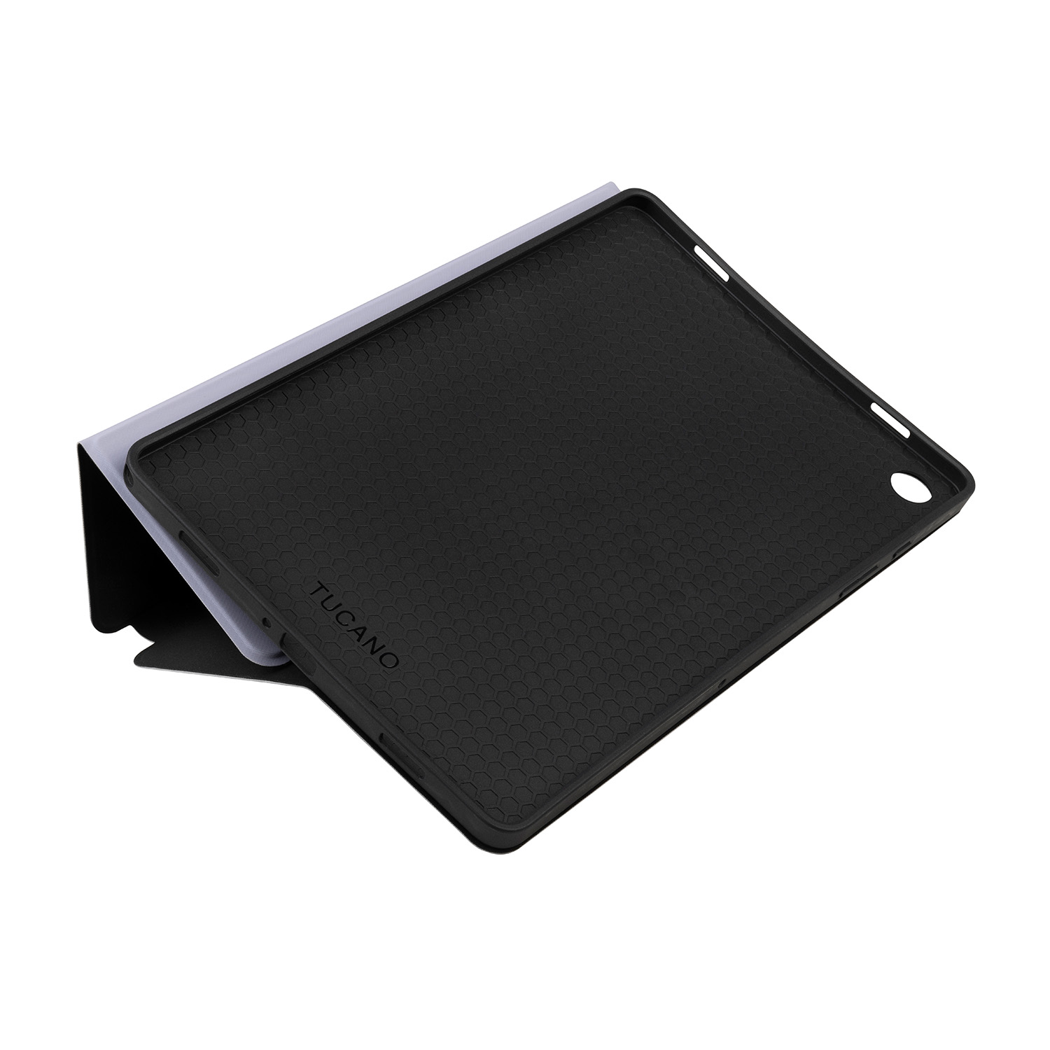 Una custodia per tablet nera, aperta, che mostra l'interno e la struttura di supporto.
