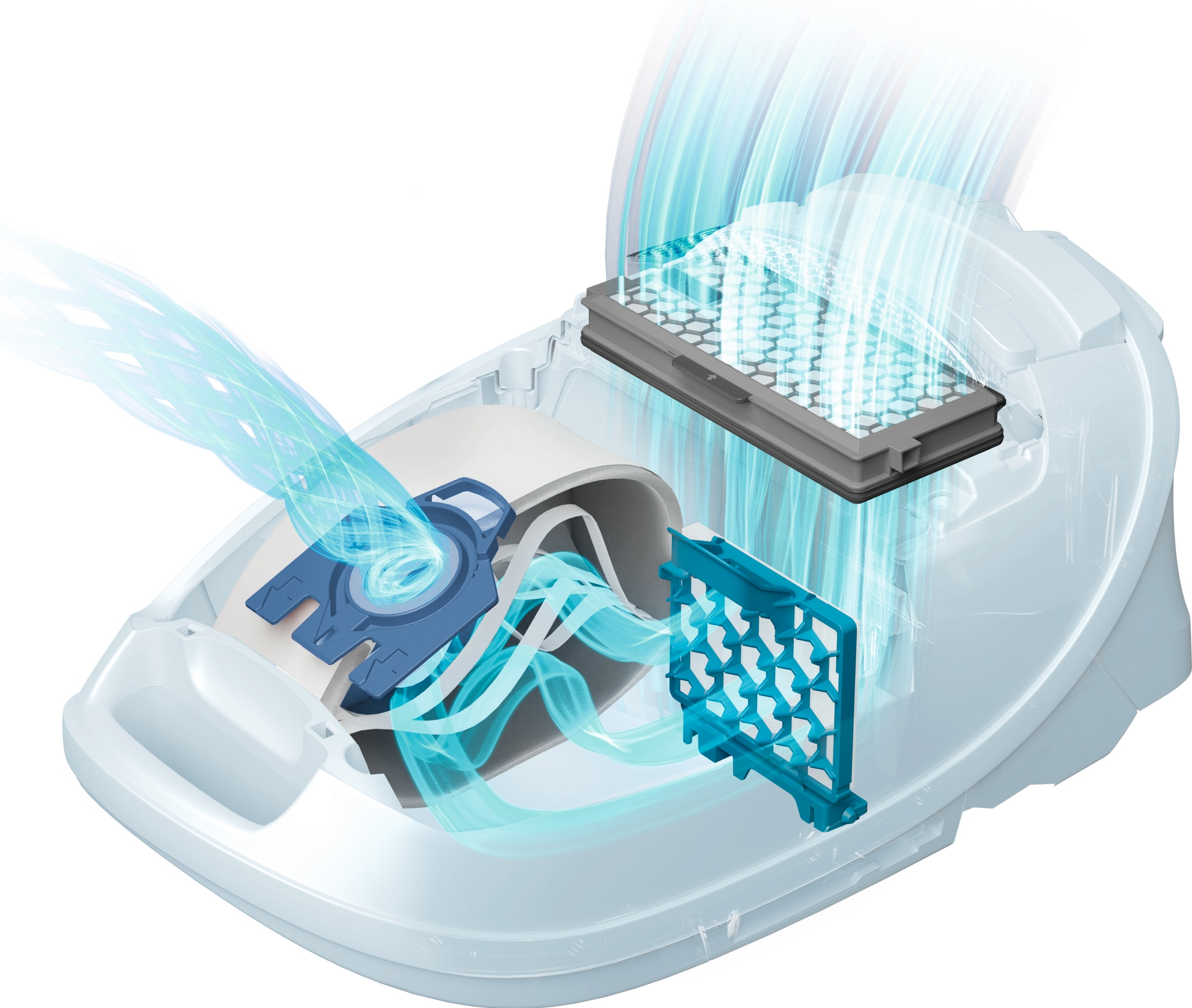 Composants d'aspirateur avec schémas de flux d'air.
