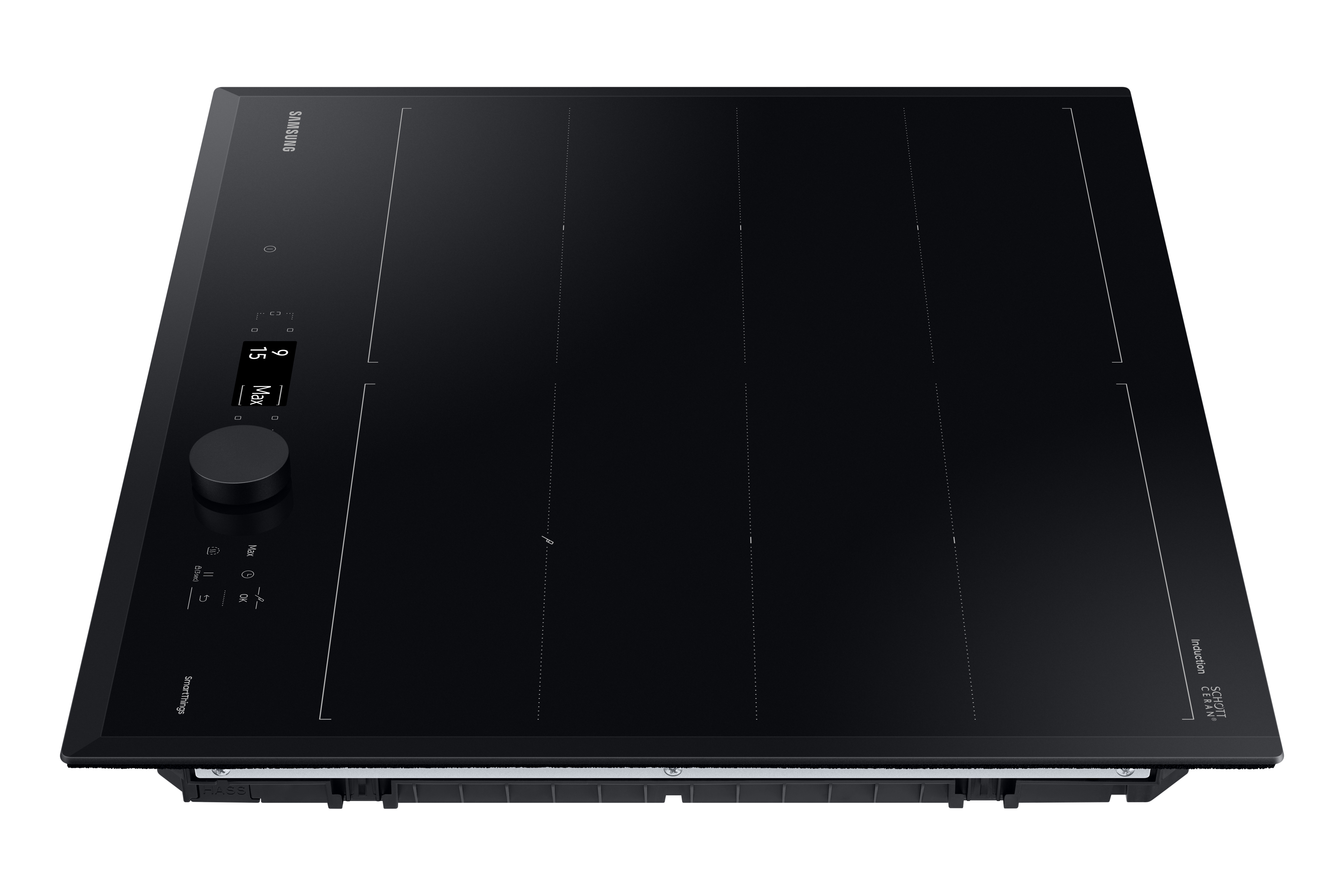 Placa de inducción negra con panel de control y zonas de cocción.