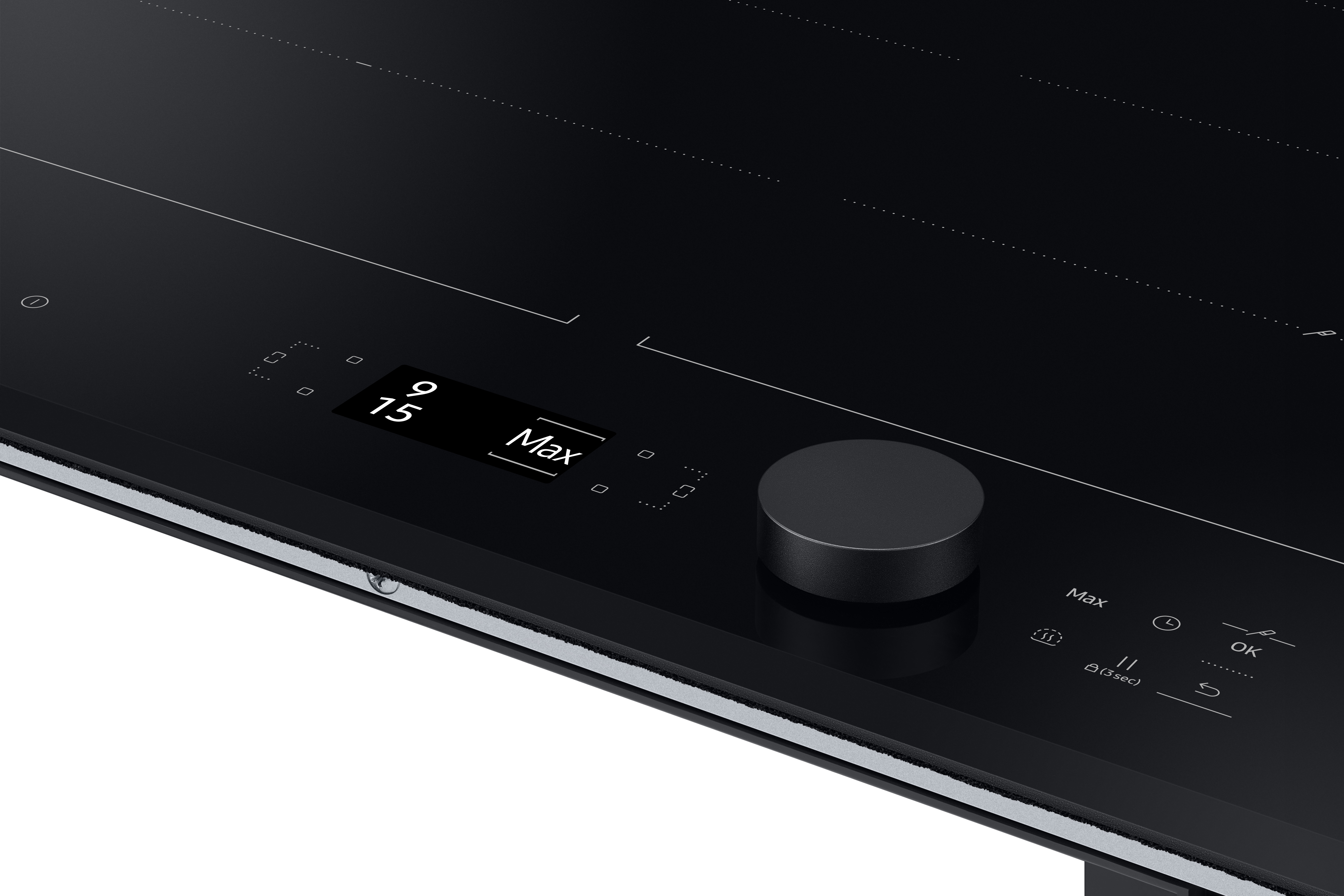 Primer plano de una placa de inducción negra con pantalla digital y una perilla.
