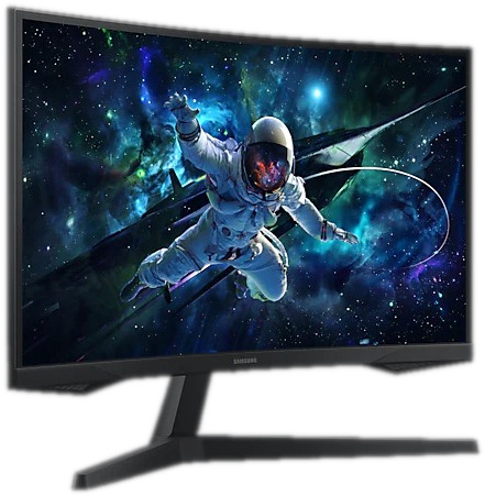 Een gebogen Samsung monitor met een astronaut in de ruimte.