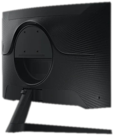 De achterkant van een gebogen zwarte computermonitor, met een standaard en een cirkelvormig designelement.