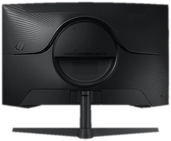 Achterkant van een zwarte computermonitor met een standaard en een cirkelvormig ontwerp.