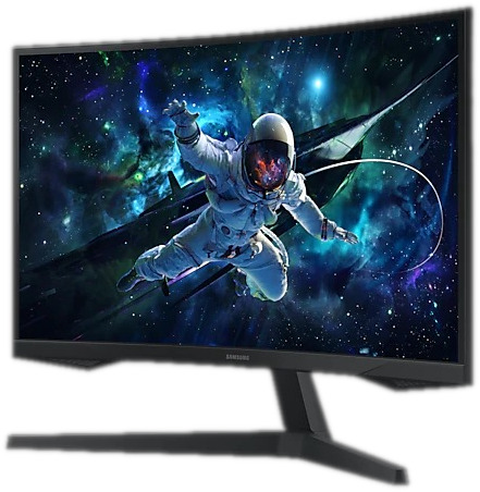 Gebogen Samsung monitor met een astronaut in de ruimte met een levendige nevel achtergrond.