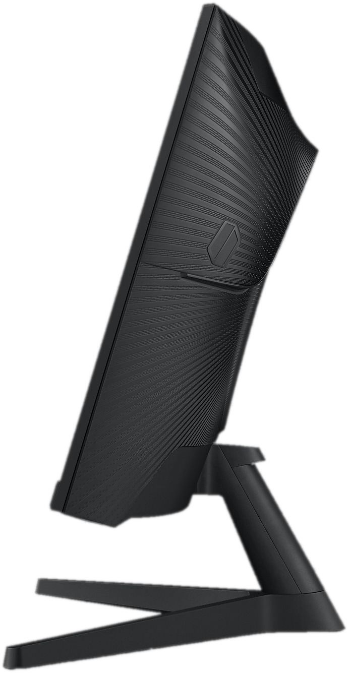 Een gebogen zwarte monitor, zijaanzicht, met een standaard. Het scherm staat schuin.