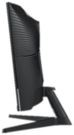 Een zijaanzicht van een gebogen zwarte monitor met een getextureerd oppervlak, enigszins wazig.