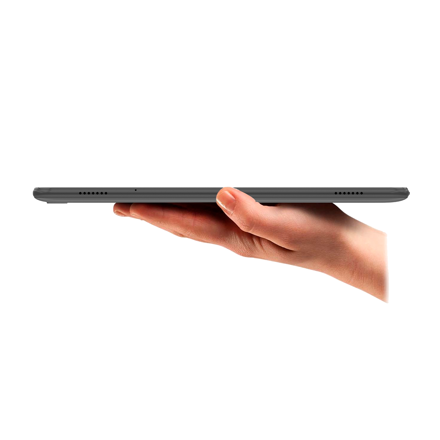 Un tablet tenuto in mano, che mostra il profilo laterale. Lo sfondo è bianco.