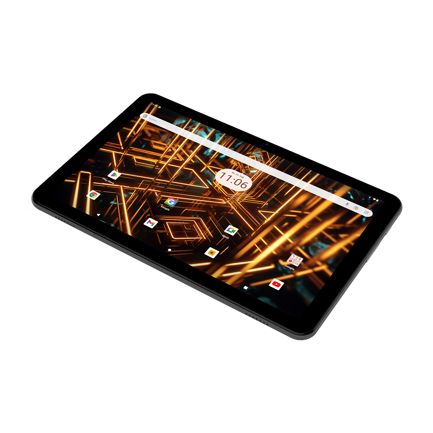 Tablet nero con schermo di sfondo colorato.
