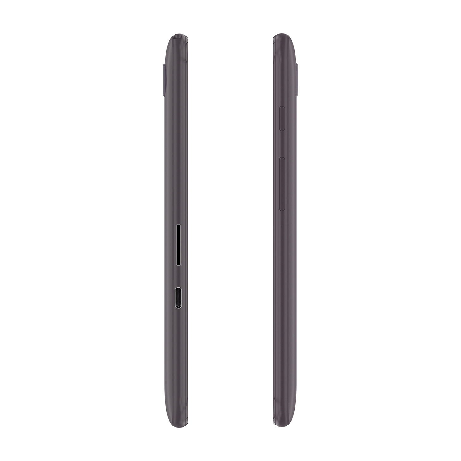 Due lati di uno smartphone viola scuro, su sfondo bianco.