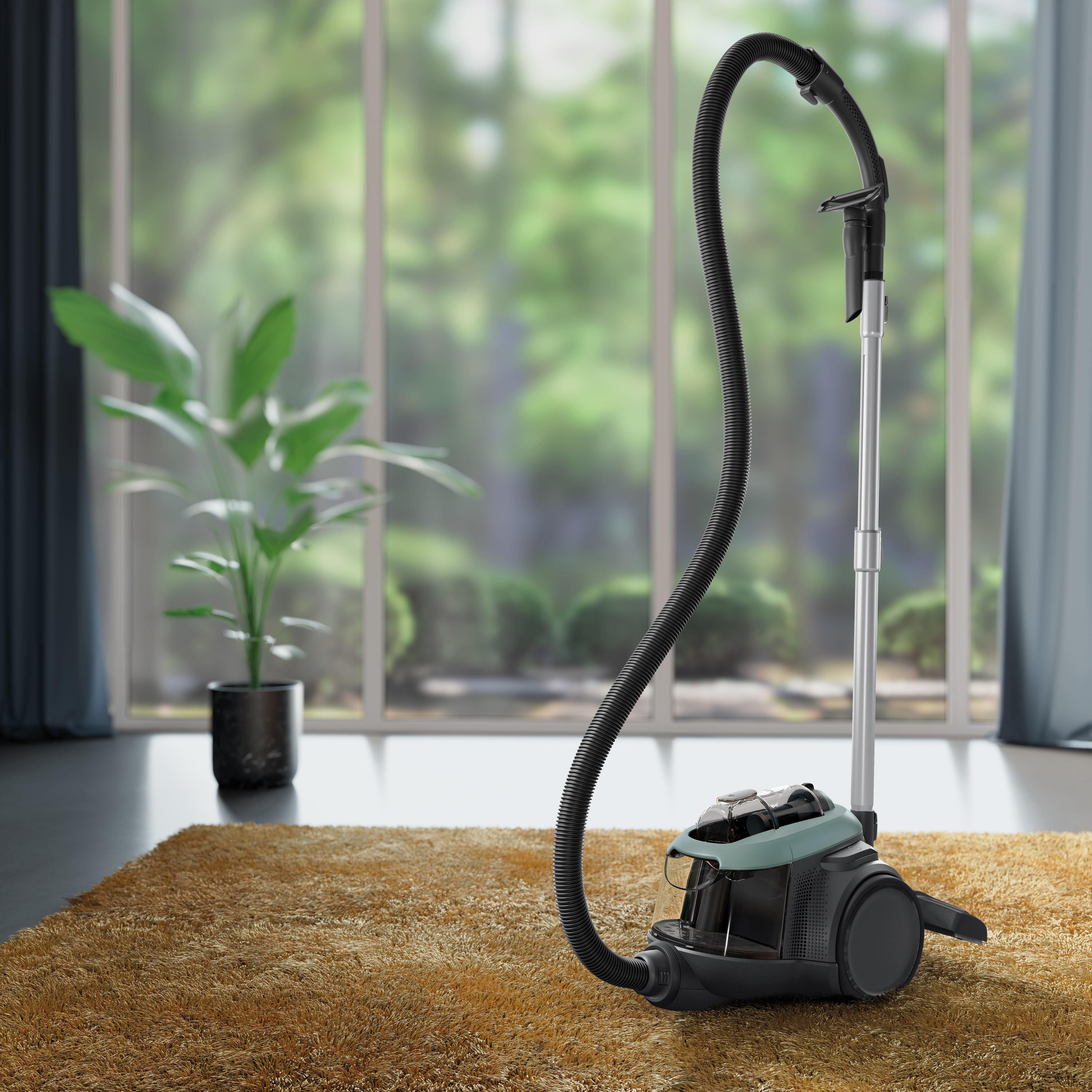 Vacuum cleaner on a shag rug, near a window with a plant and curtains, blurred background with green trees.