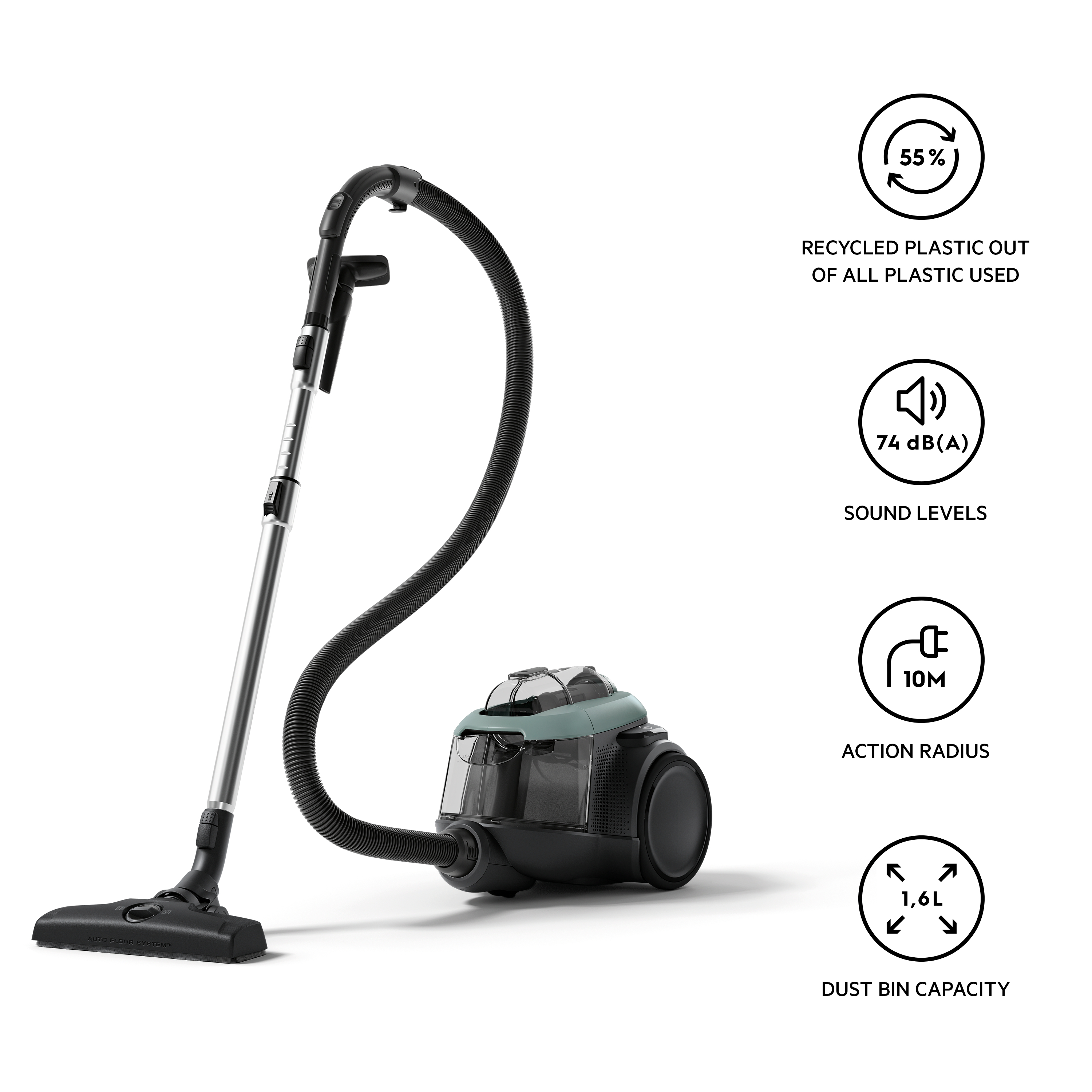 A black and teal vacuum cleaner with information icons around it.