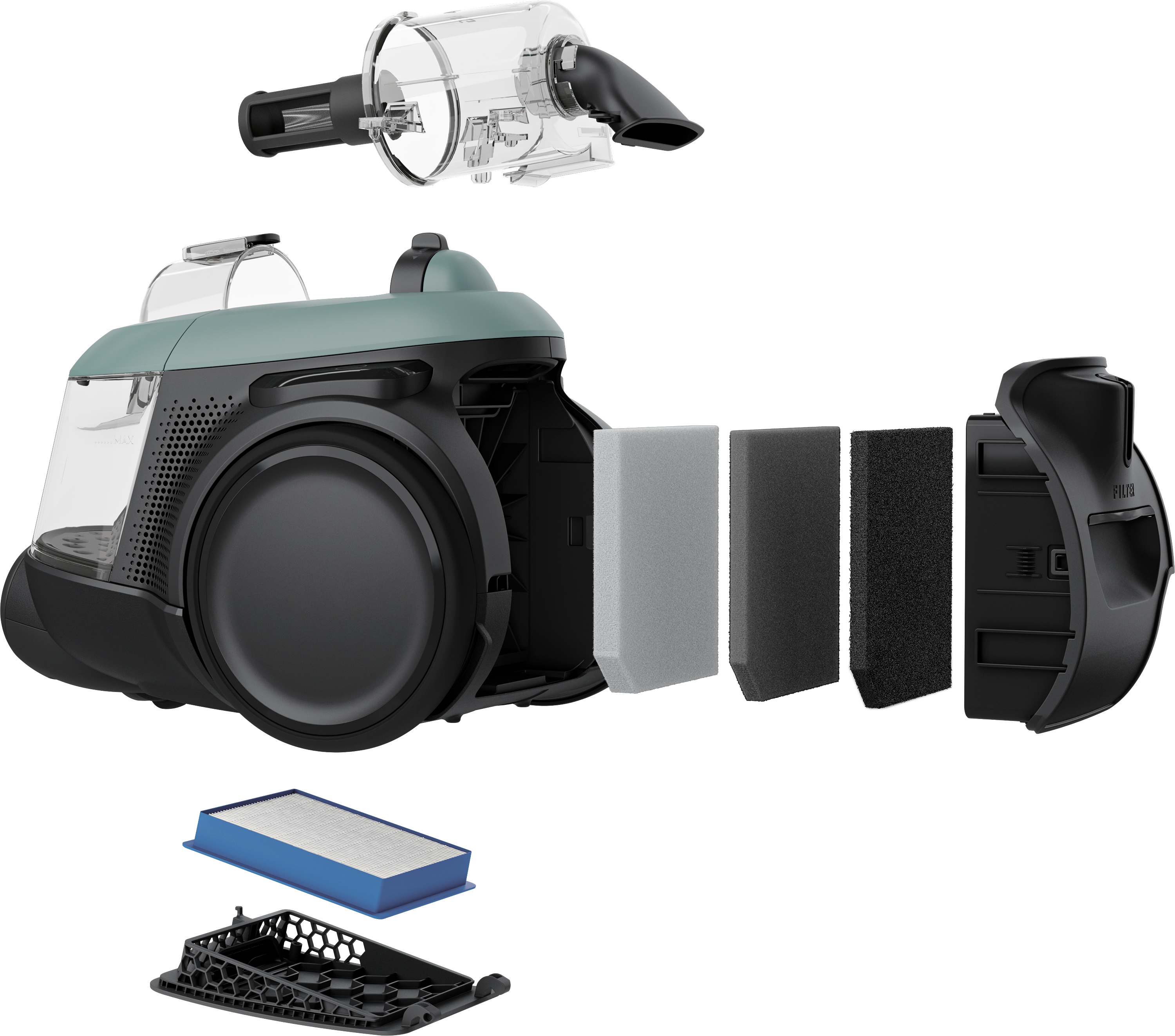 Vacuum cleaner disassembled, showing components: filters, dust container, and attachments.