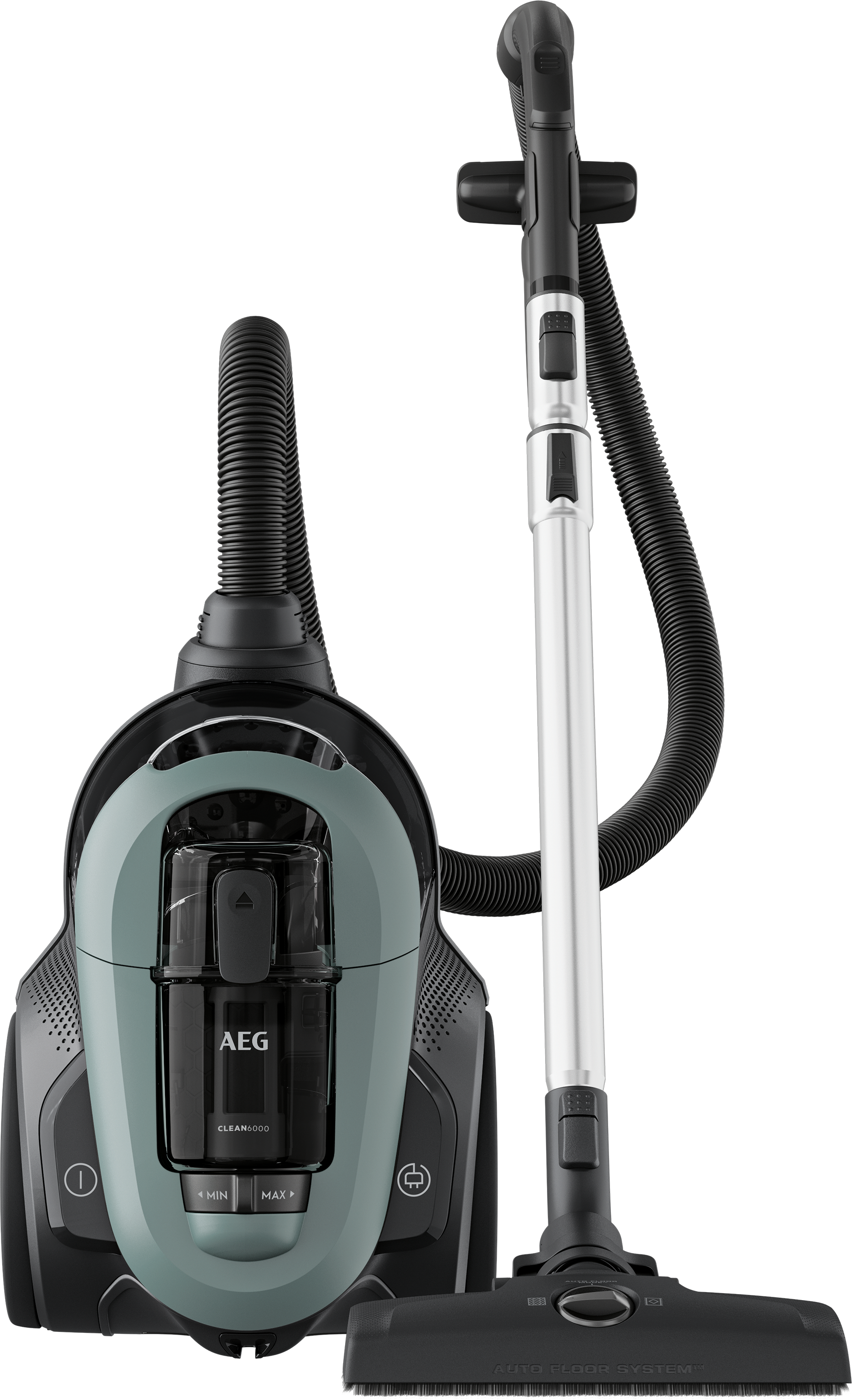 An AEG vacuum cleaner with a long hose and cleaning head on a black background.
