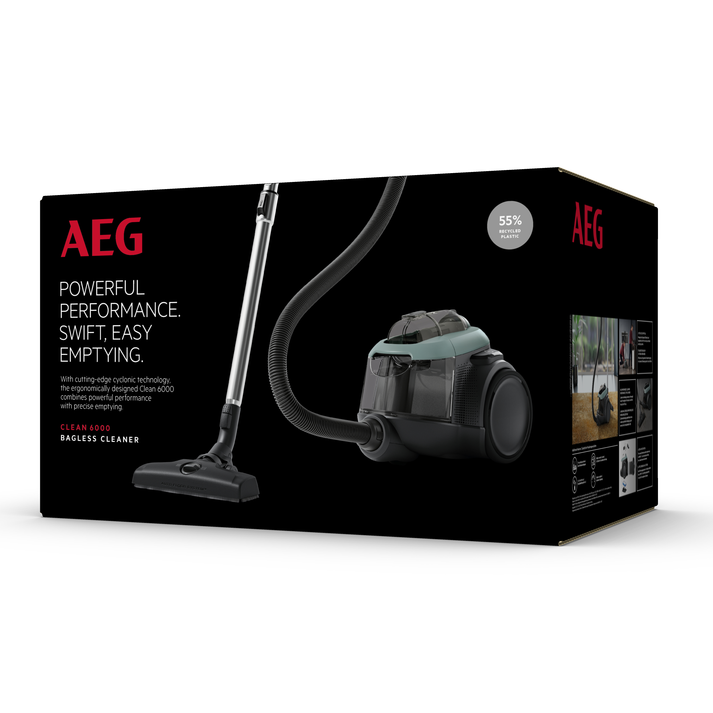 AEG vacuum cleaner box, with the vacuum cleaner on the right side, and text and images on the left side.