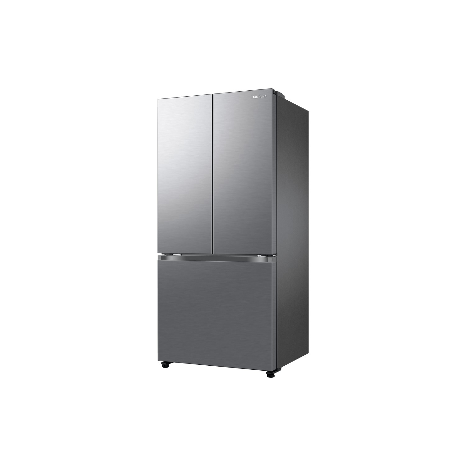 Silver three-door refrigerator on a white background.