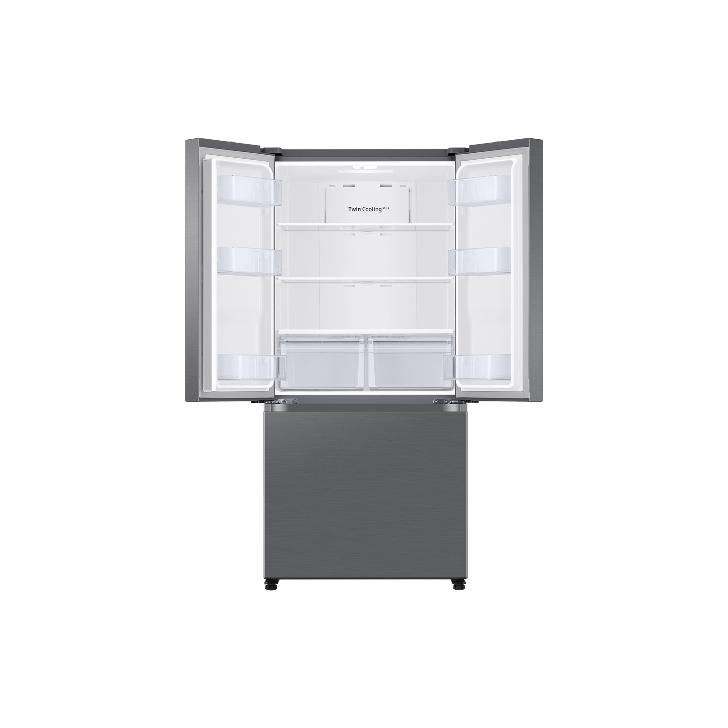 Open refrigerator with internal shelves and drawers, showing contents.