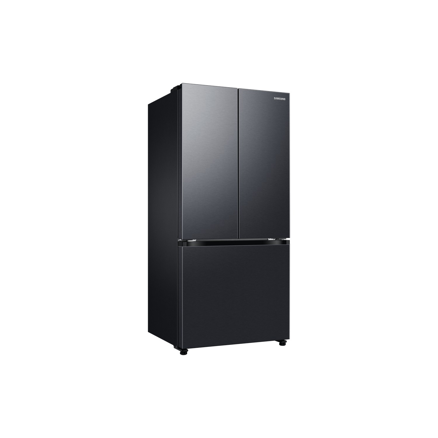 A black Samsung refrigerator with a three-door design. It has a sleek, modern appearance.