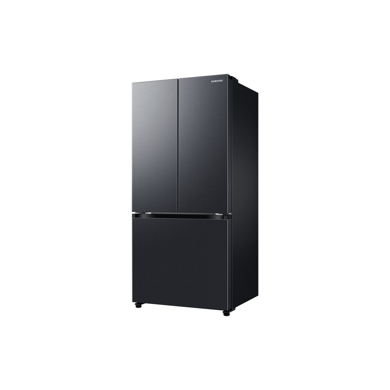 Black refrigerator with three doors. Modern kitchen appliance on a white background.