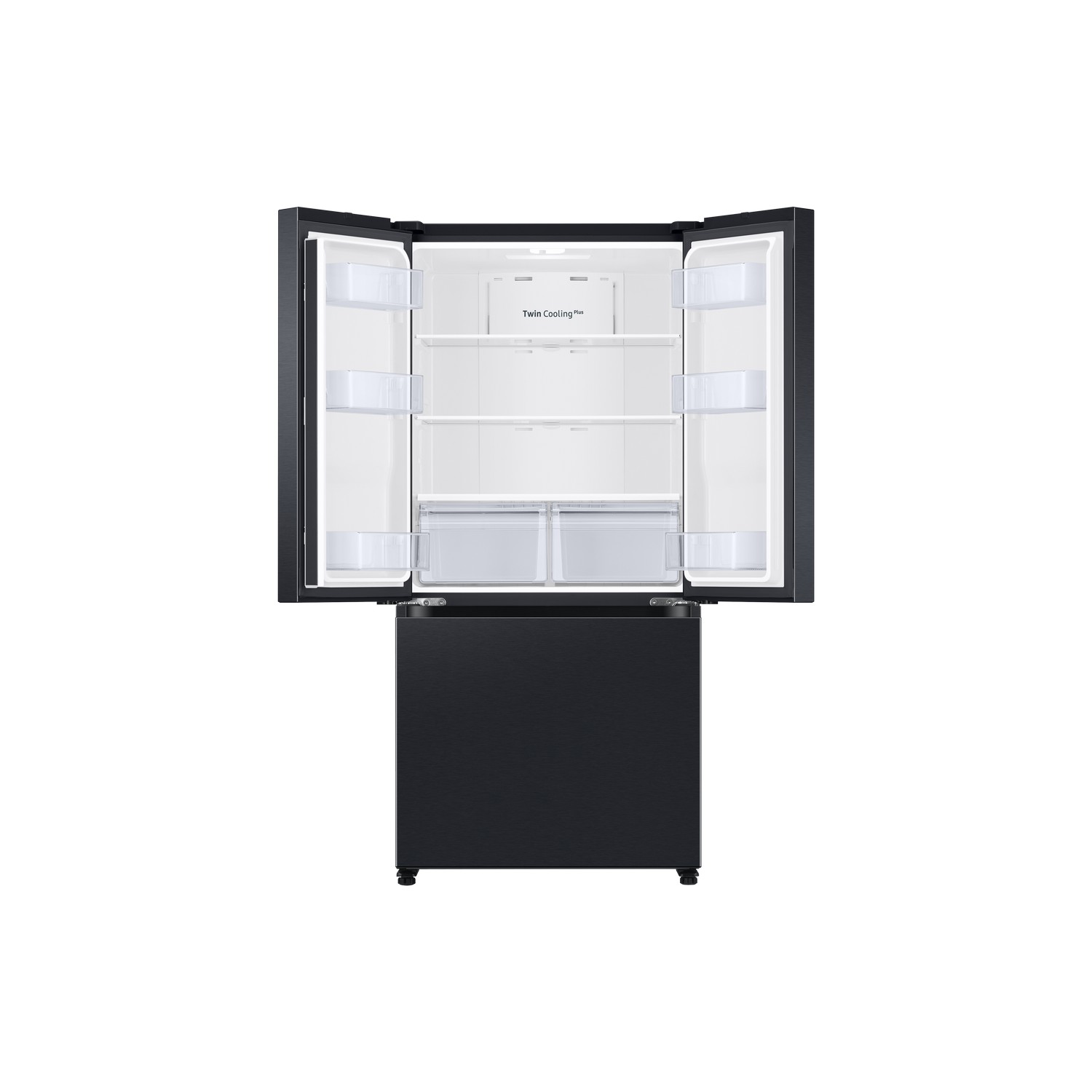 Open black refrigerator with multiple shelves, drawers, and a dual-door design, white interior.