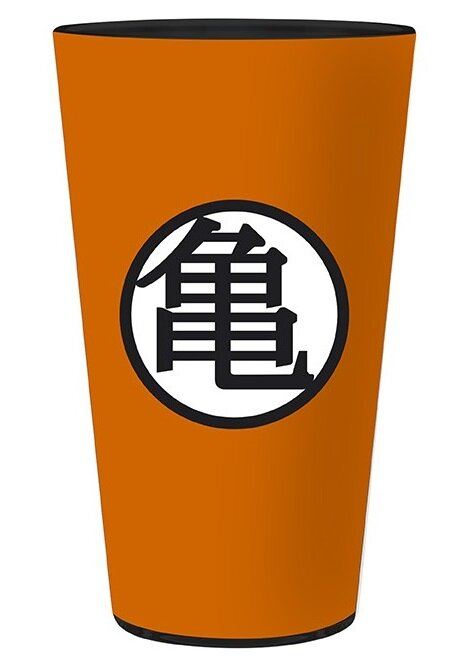 Pomarańczowa szklanka z czarno-białym symbolem Dragon Ball Z na niej.