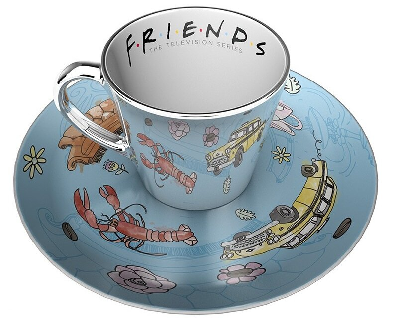 Zestaw filiżanki i spodka z motywem serialu Friends z ilustracjami z kreskówek i logo serialu.