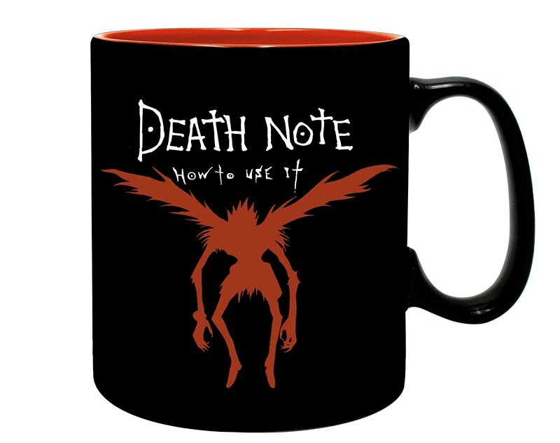 Czarny kubek z napisem 'Death Note' i sylwetką demona, z czerwonym wnętrzem.