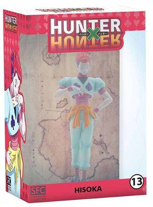 Figurka Hisoka w pudełku. Figurka jest w pozie, z mapą w tle.