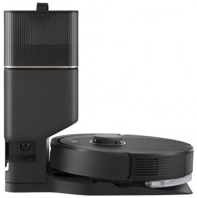 Czarny odkurzacz robot i stacja ładująca, widok z boku.