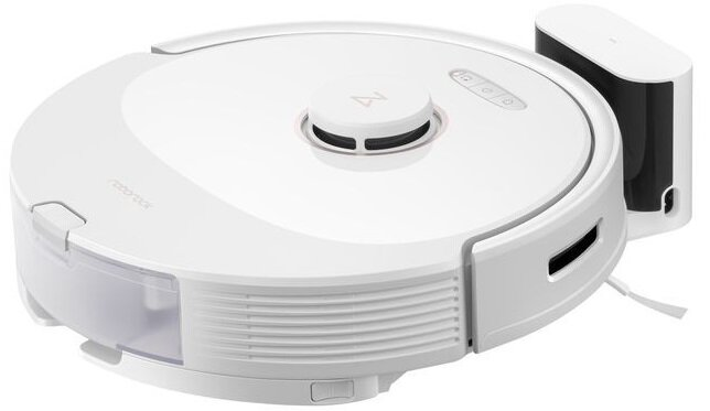 Biały odkurzacz robot z stacją ładującą na białej powierzchni.