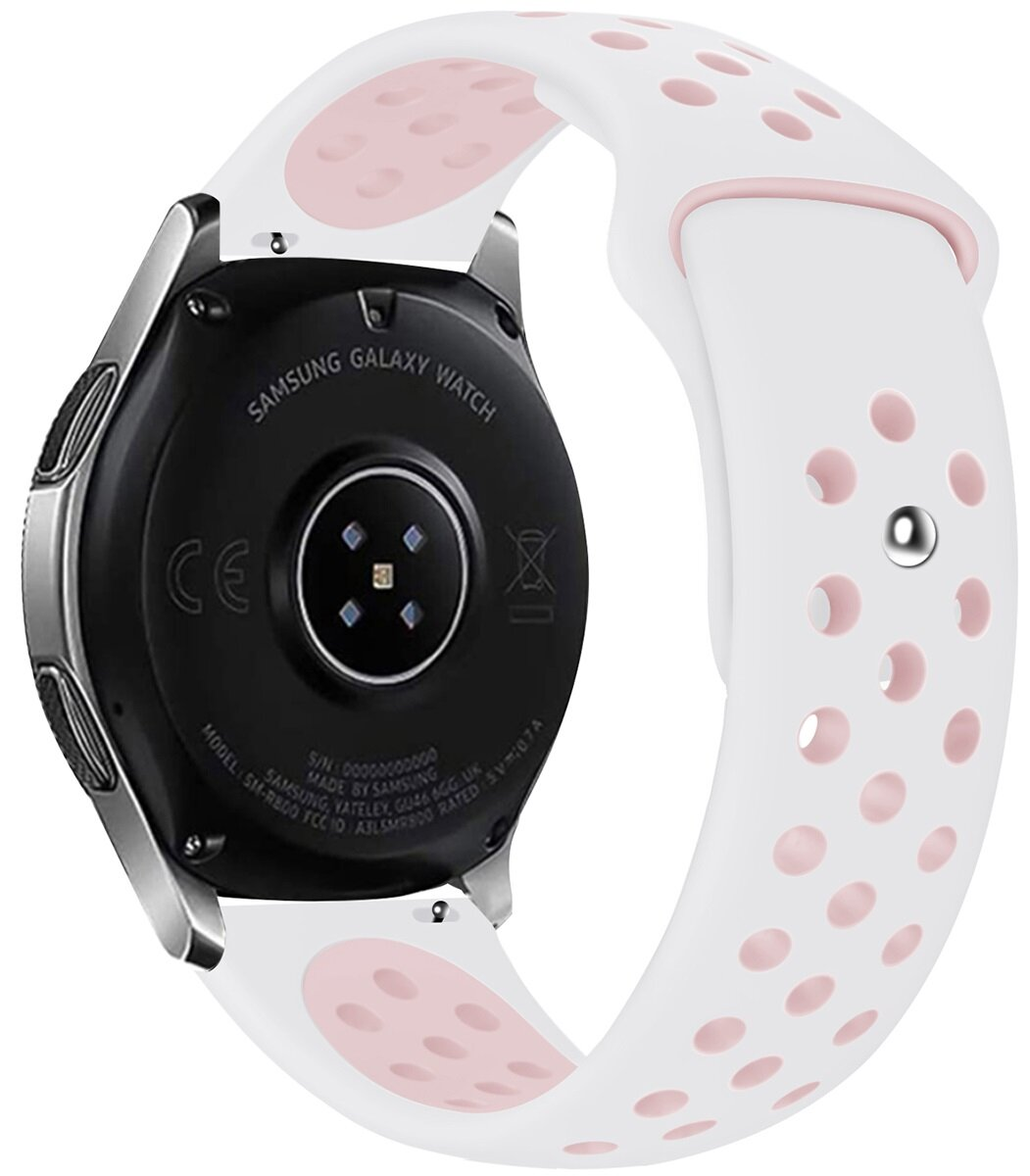 Biało-różowy pasek do smartwatcha z metalowym zapięciem, logo Samsung Galaxy Watch z tyłu.