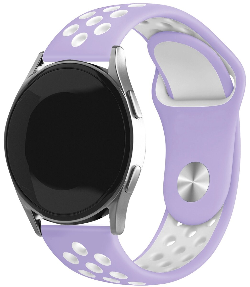 Smartwatch z fioletowym paskiem i srebrną ramką.