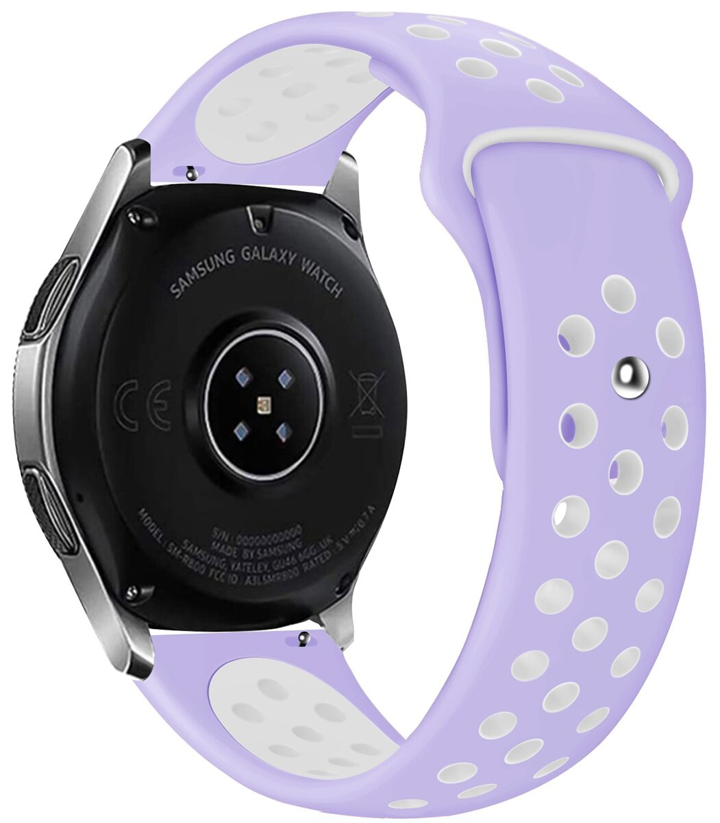 Zbliżenie zegarka Samsung Galaxy z lawendowym i białym paskiem.