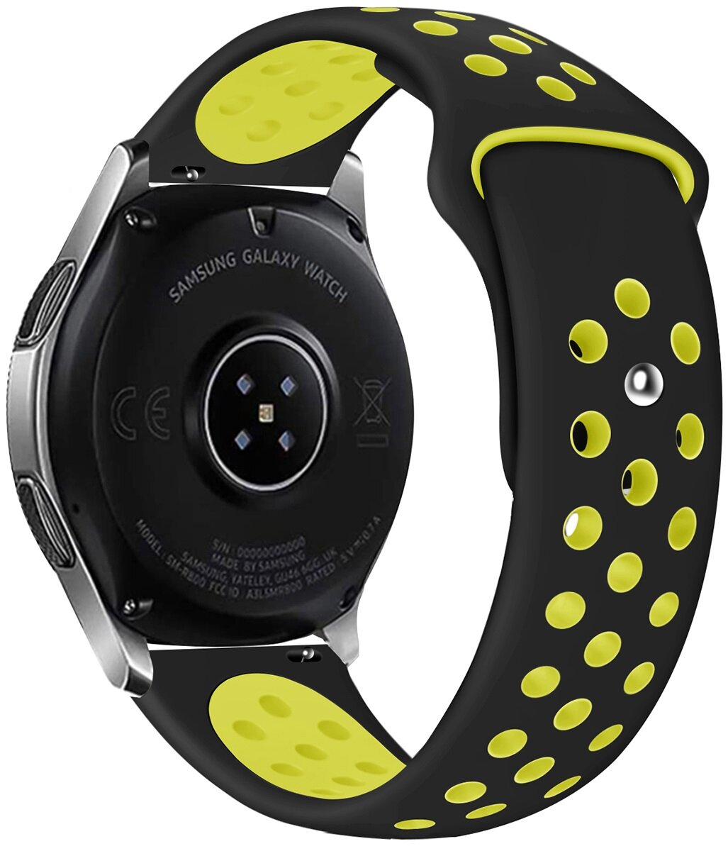 Czarny i żółty smartwatch Samsung Galaxy z czarno-żółtym paskiem.