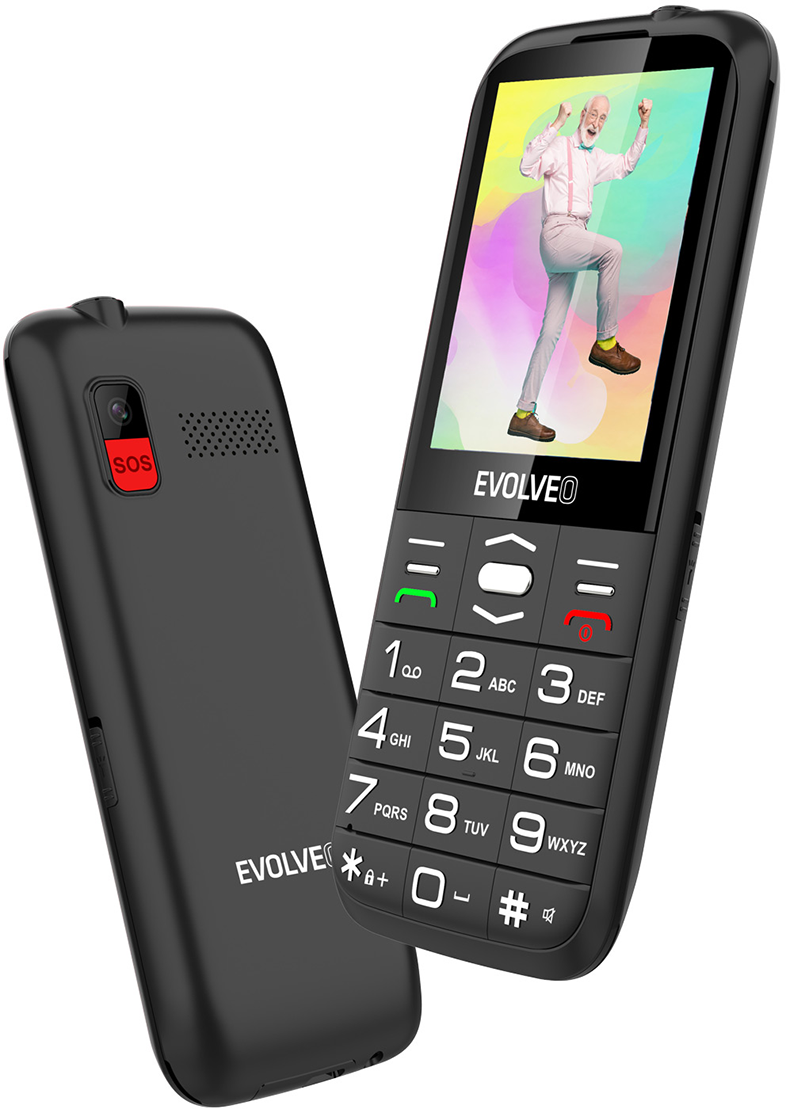 Két fekete telefon. Az egyiken egy férfi látható a képernyőn. A második telefonon SOS gomb van.