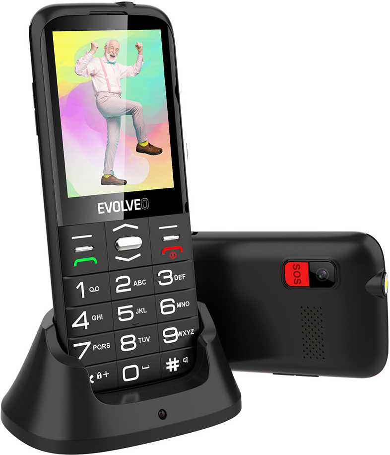Fekete mobiltelefon nagy gombokkal és töltőállomással.