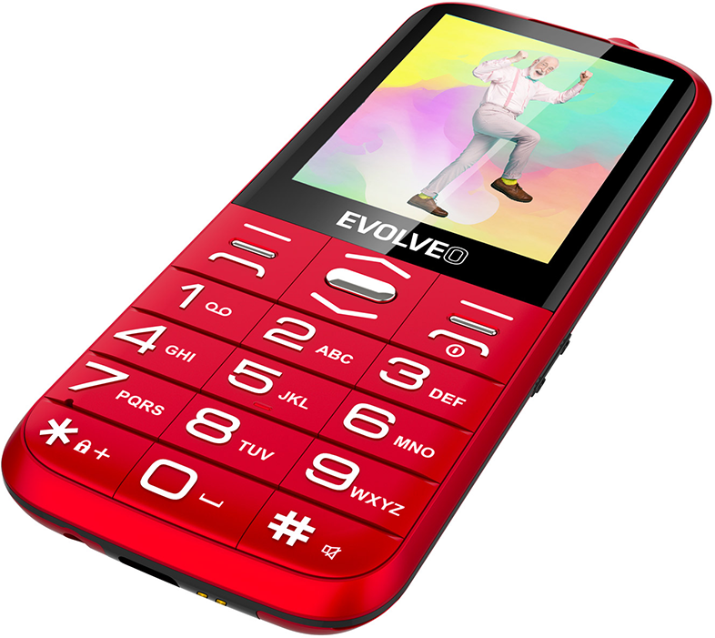 Piros kagylótelefon számbillentyűkkel és egy idős embert mutató képernyővel.