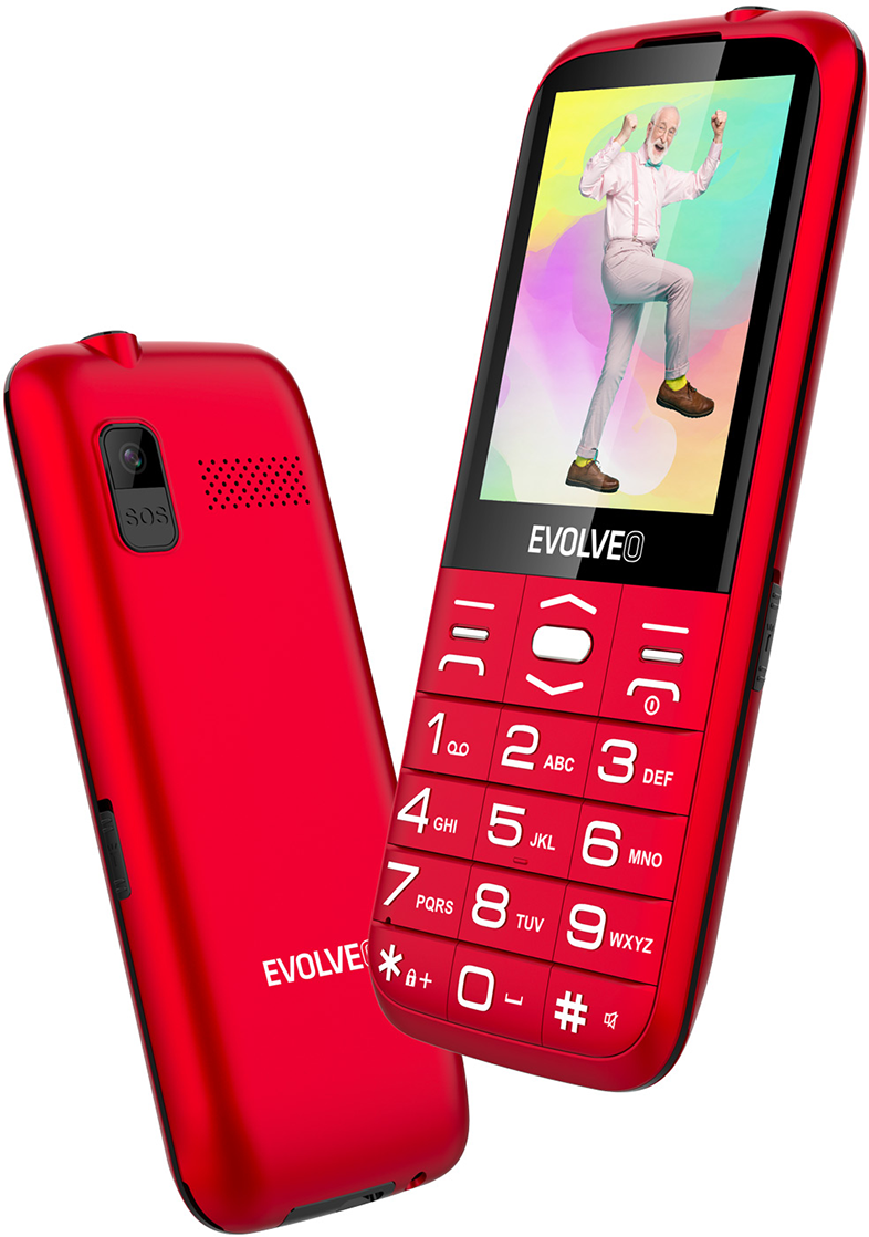 Piros kagylótelefon táncoló férfival a képernyőn.